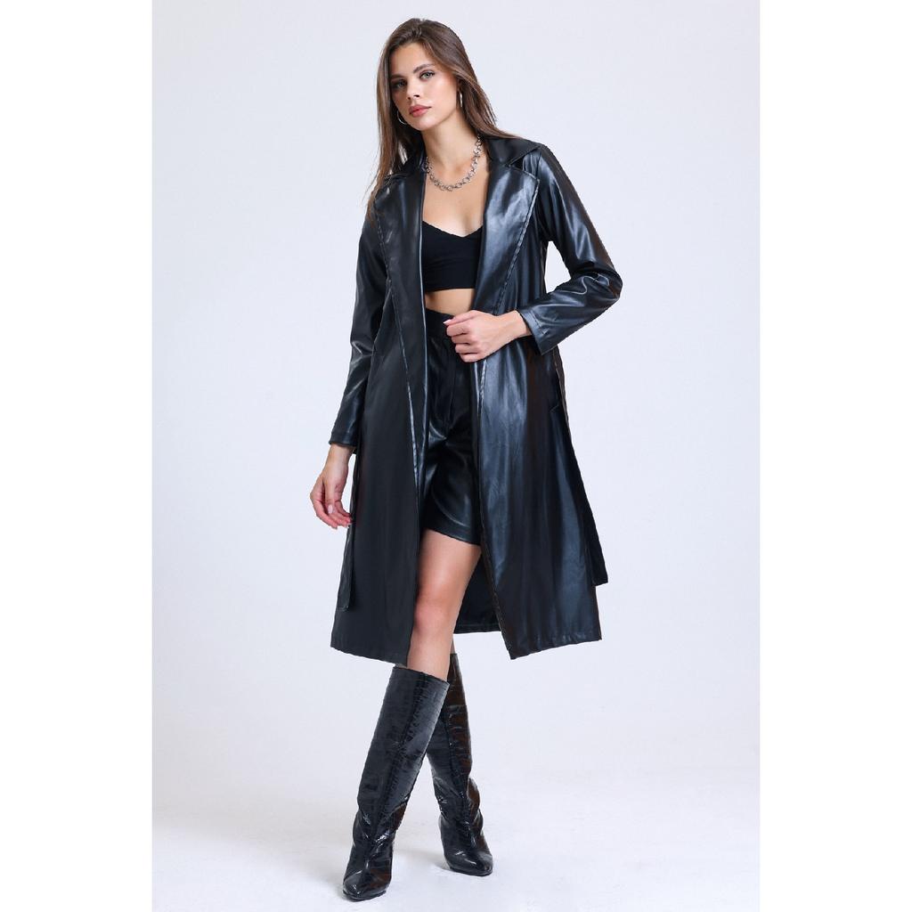 Damski skórzany trencz z podwójną podszewką i paskiem, z podwójnym kołnierzem