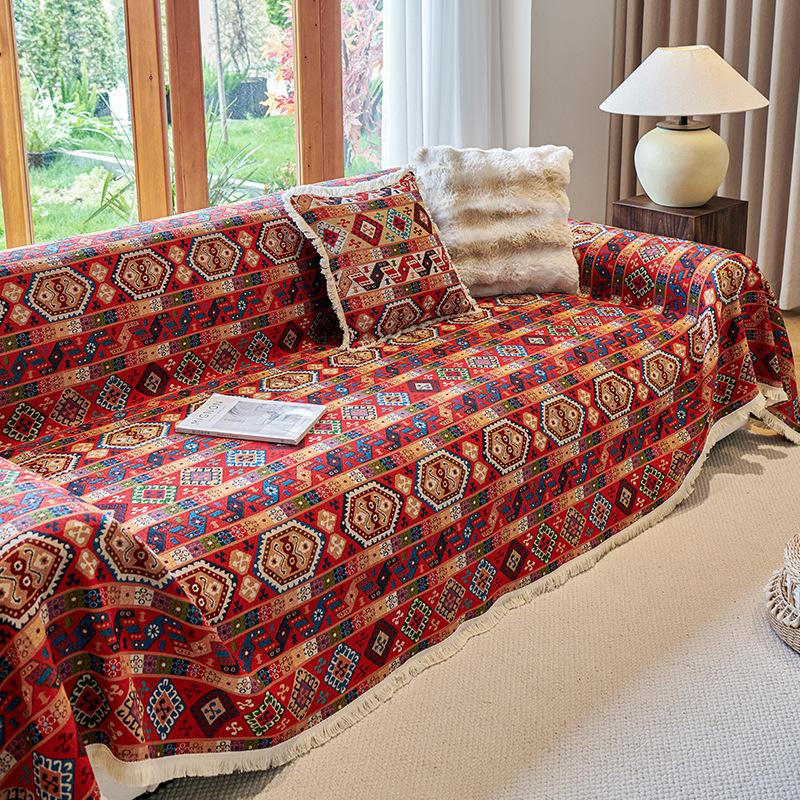 Boho Retro Sofa Cover Cotton Linen Pet Scratch Resistant Anti-Slip All-Season One-Piece Sofa Blanket