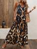 Ladies Lake Blue Abstract Ink Printing V-neck Thin Suspender Long Dress Loose Pendant Big Pendulum Vacation Leisure Beach