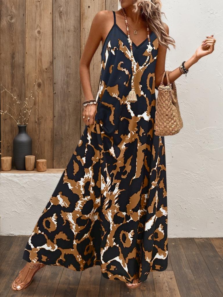 Ladies Lake Blue Abstract Ink Printing V-neck Thin Suspender Long Dress Loose Pendant Big Pendulum Vacation Leisure Beach
