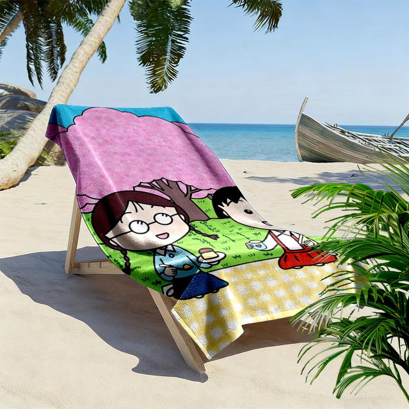 Chibi Maruko-chan Print Beach Towel, Large Soft Quick Dry Towel for Beach Camping Swimming