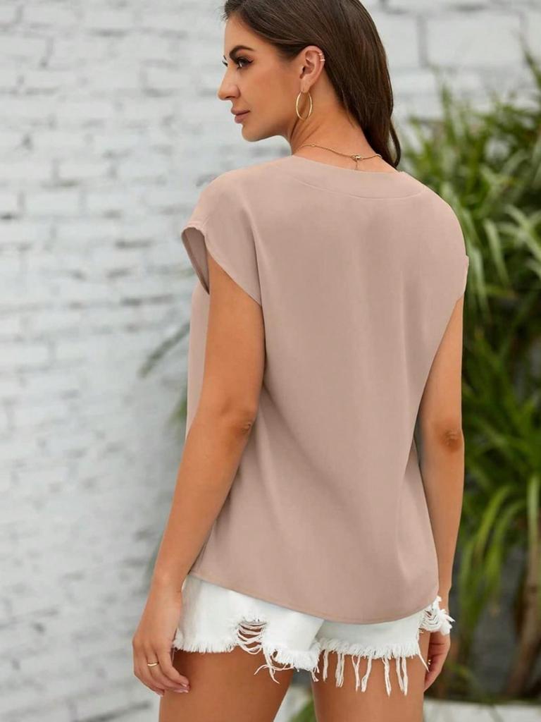 Women's V Neck Chiffon Blouse Cap Sleeve Loose Fit Solid Work Office Top