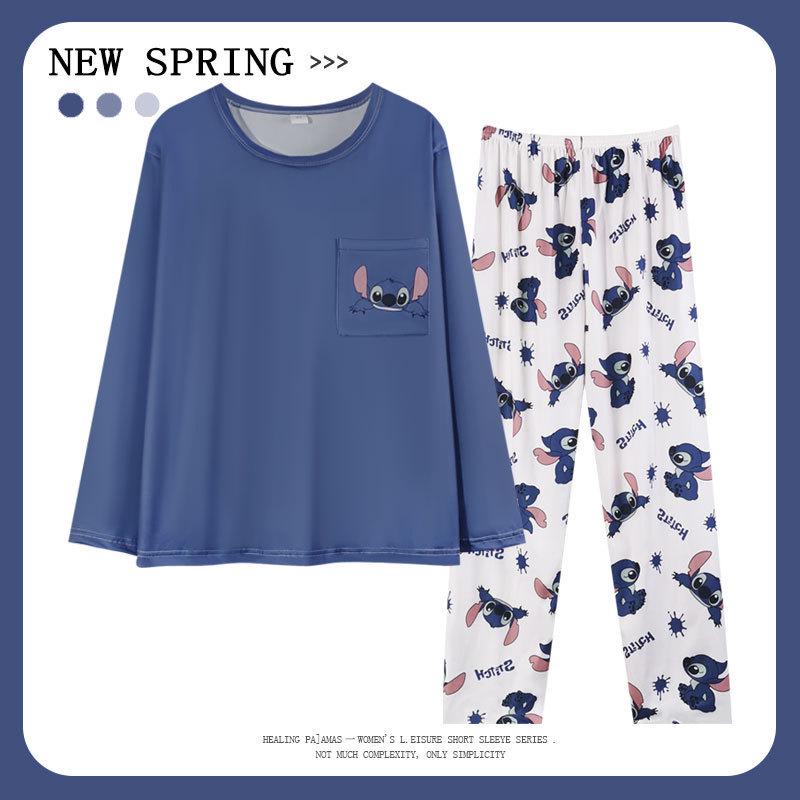 Women's Cartoon Stitch Pajama Set - Long Sleeve & Pants, Wearable Outdoors, Loose Fit for Autumn/Winter.