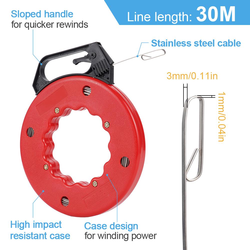 30M 3mm Flat Head Fish Tape Spring Steel Electrical Wire Puller Cable Threader Electrician Wiring Tool Red Plastic Case
