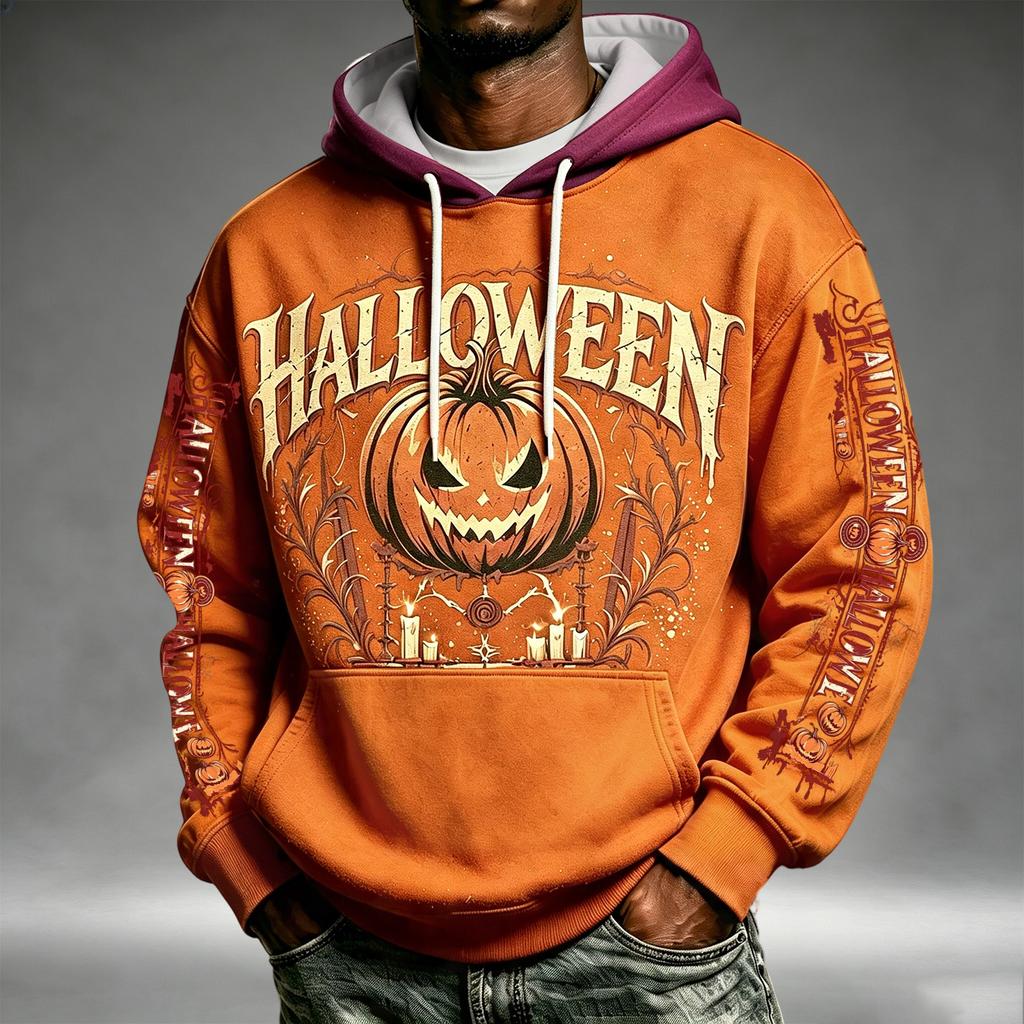Men's Loose Fit Halloween Print Hoodie with Pocket and Drawstring for Casual Everyday Wear