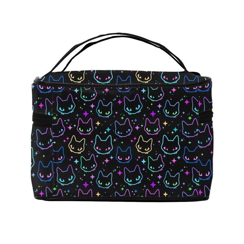Goth Makeup Train Bag Colorful Neon Cat Heads Makeup Organizer Bags Toiletry Bag Travel Cosmetic Bags for Women Girls Ladies