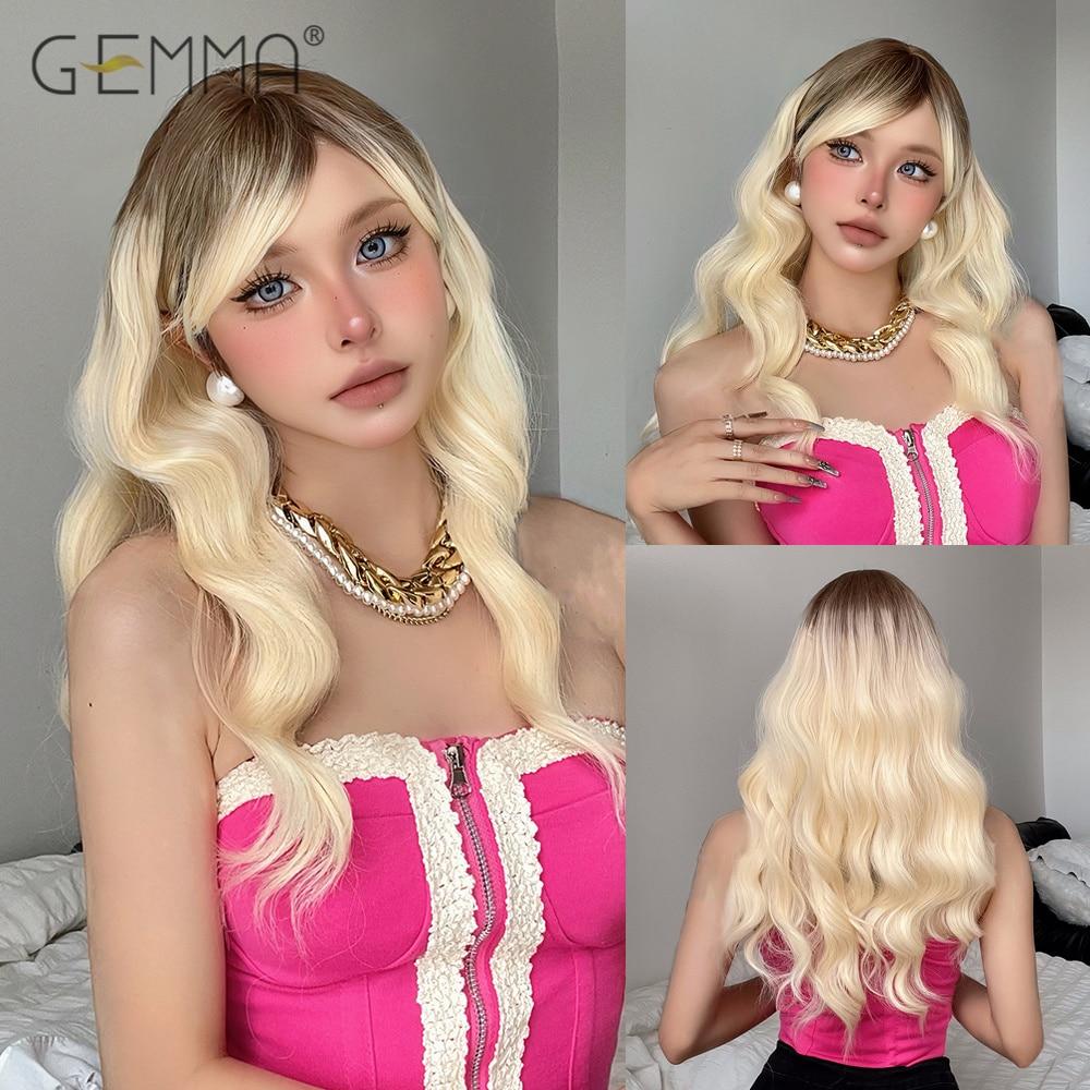 Parrucca sintetica lunga naturale ondulata bionda chiara con frangia per le donne Parrucche di Halloween per capelli Lolita Cosplay Fibra resistente al calore