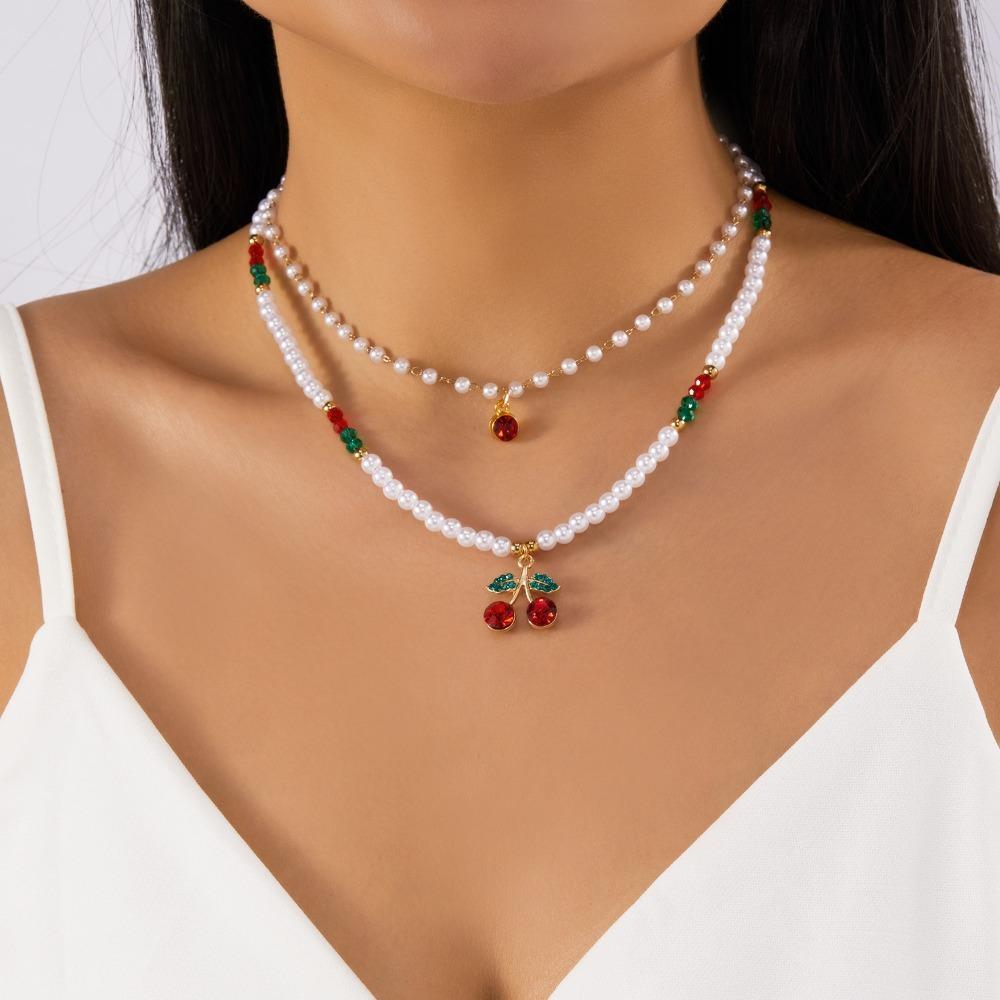 Multi-layer Pearl Beaded Necklace Bow Stacked Clavicle Choker Trendy Strawberry Necklace Women 02