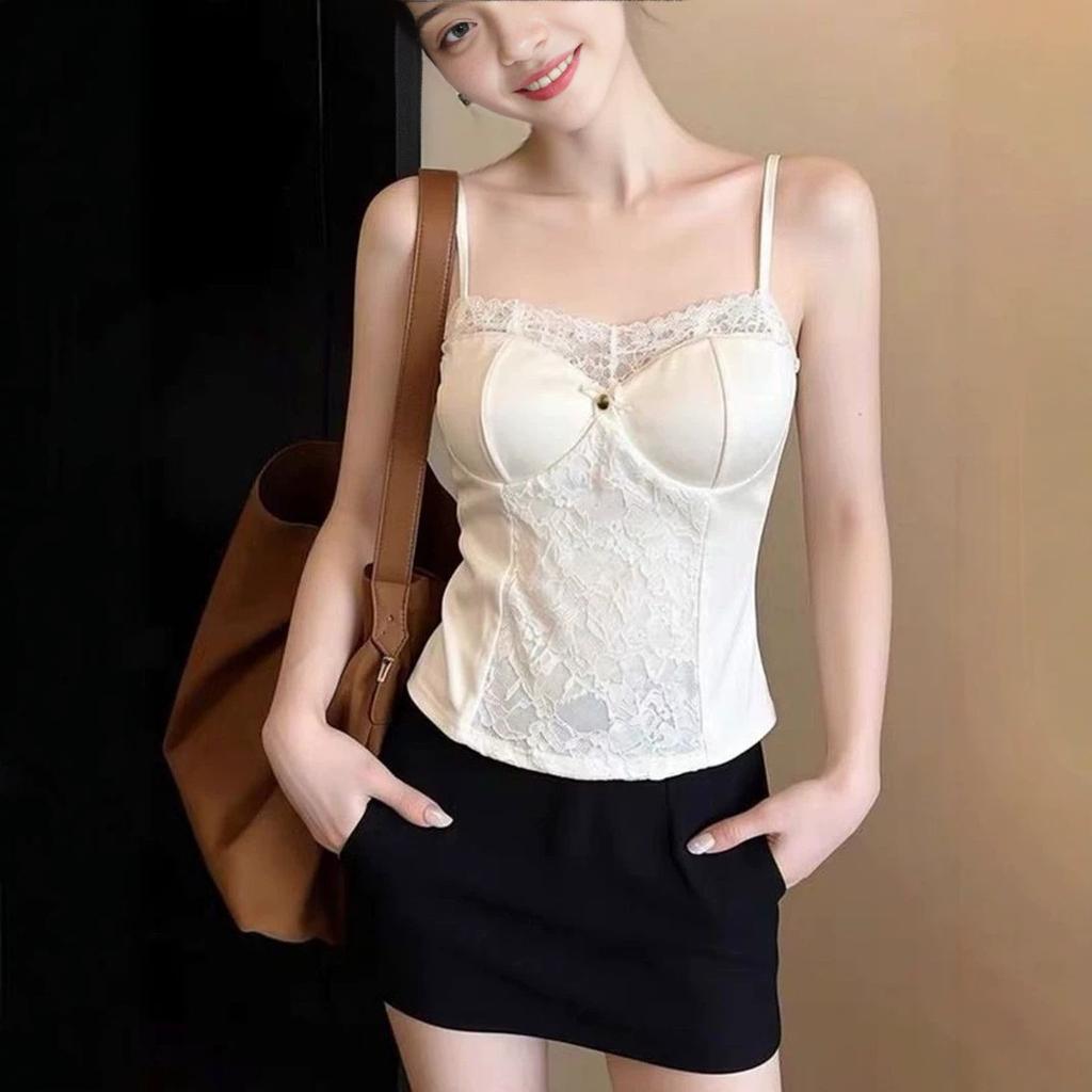 Pure Desire Wind Lace Small Suspender Vest Underwear Women's Anti-light Inside with Chest Pad Integrated Bra Cover Can Be Worn Outside