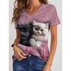 Summer Cute Kitten T-Shirts Cat 3D Print Women's Casual Top Short Sleeve V-Neck T Shirt Y2k Harajuku Tees Female Street Clothing