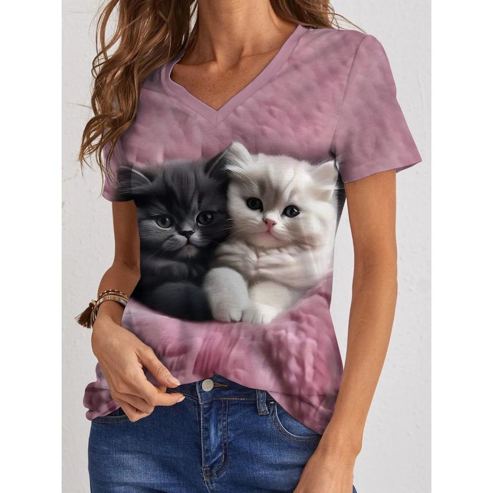 Summer Cute Kitten T-Shirts Cat 3D Print Women's Casual Top Short Sleeve V-Neck T Shirt Y2k Harajuku Tees Female Street Clothing