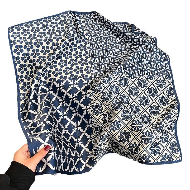 Blue Cherry Blossom Chessboard Mulberry Silk Scarf Female Simulation Silk Scarf Decorative Scarf Mom Shawl 70Cm Square Scarf