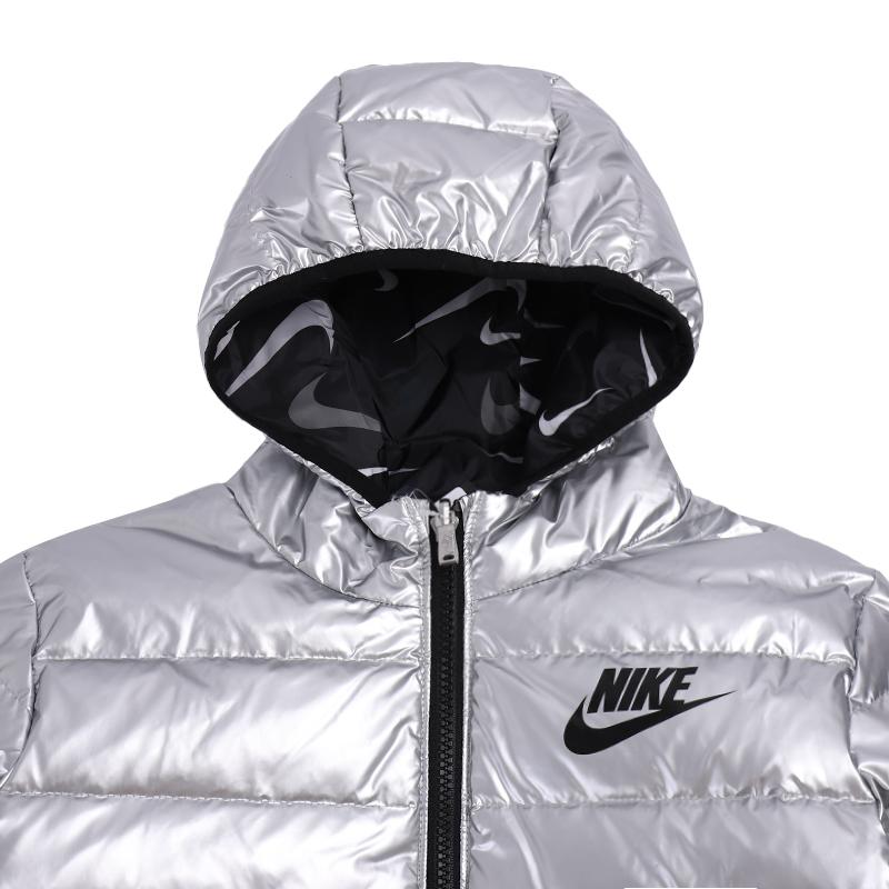Nike Kids Full-Zip Shiny Hooded Logo Down Jacket Winter Kids Outerwear Silver NY2142032GS-005
