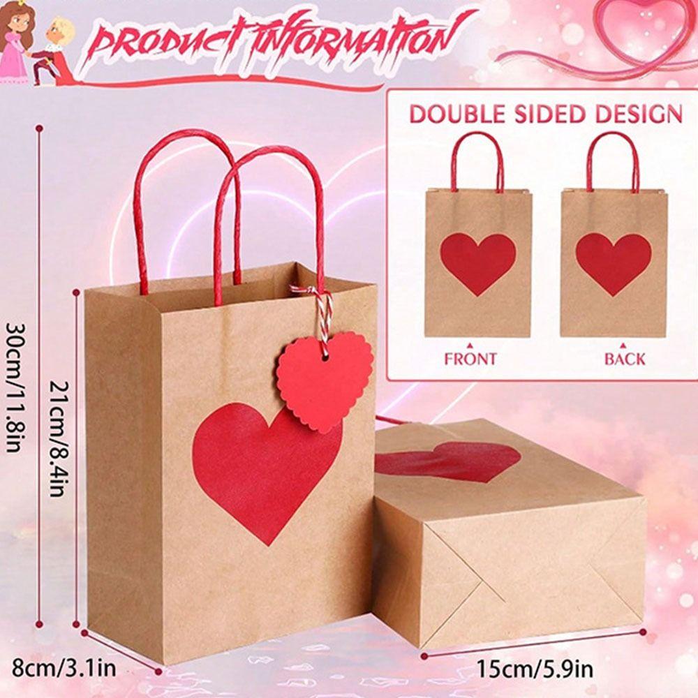 10/12pcs Red Heart Kraft Kraft Paper Gift Bags Handheld Candy Packaging Bag Wedding Party