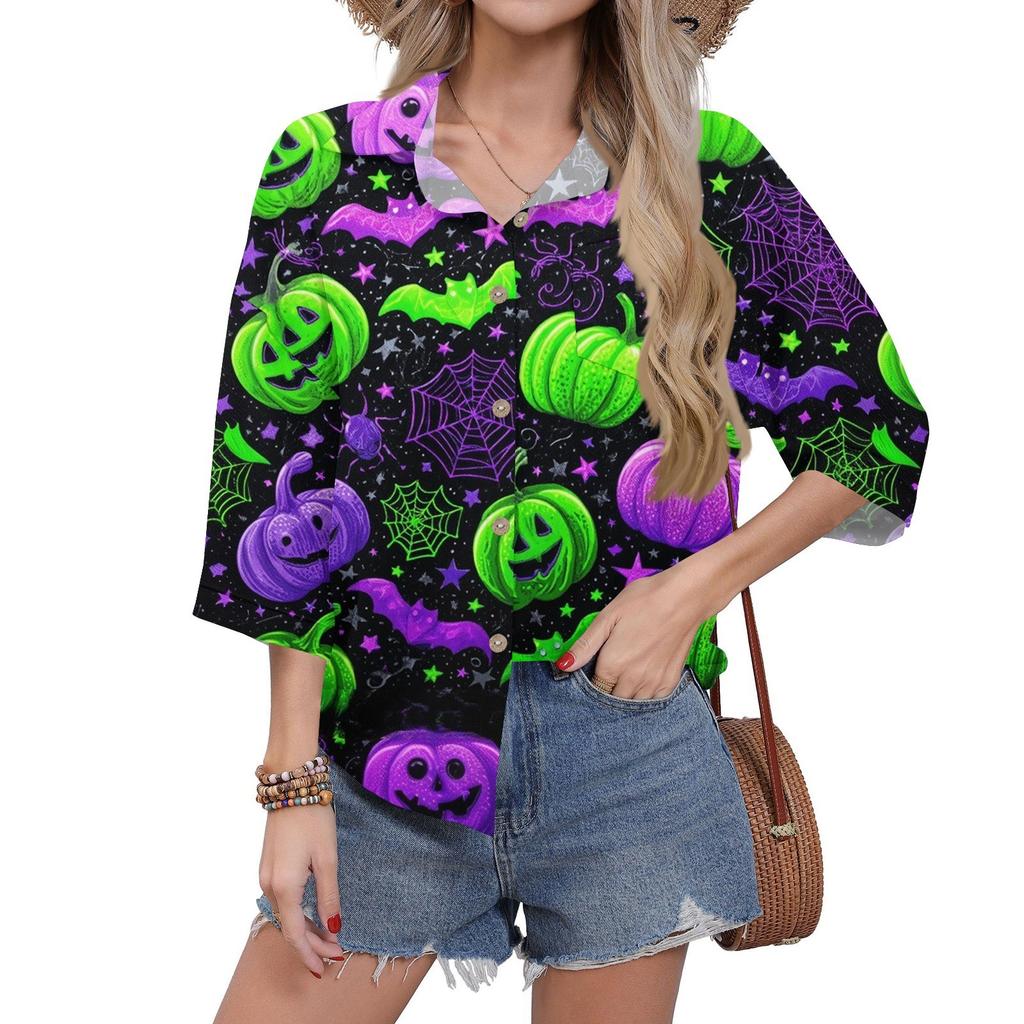 Women's Casual Printing Button-down Shirt Three-quarter Sleeve Dress Shirt Lapel Work Shirt With Pockets
