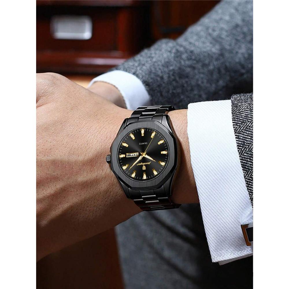 POEDAGAR 1pc Casual Men's Stainless Steel Quartz Wristwatch, Dual Date Display, Business Waterproof Luminous Wristwatch, Men's Gift