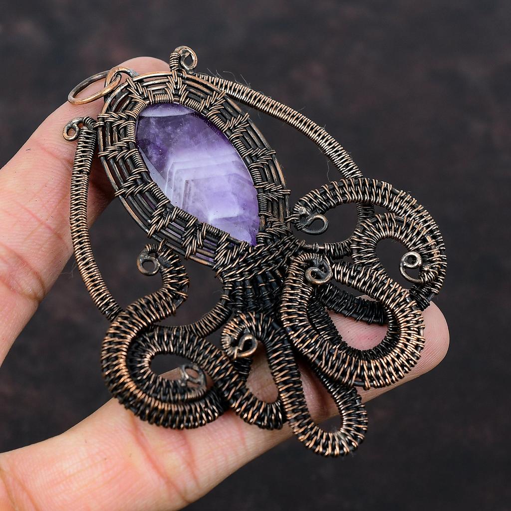 Chevron Amethyst Pendant Copper Wire Wrapped Pendant Gemstone Pendant Copper Jewelry Handmade Pendant Beautiful Octopus Jewelry Gift For Mom