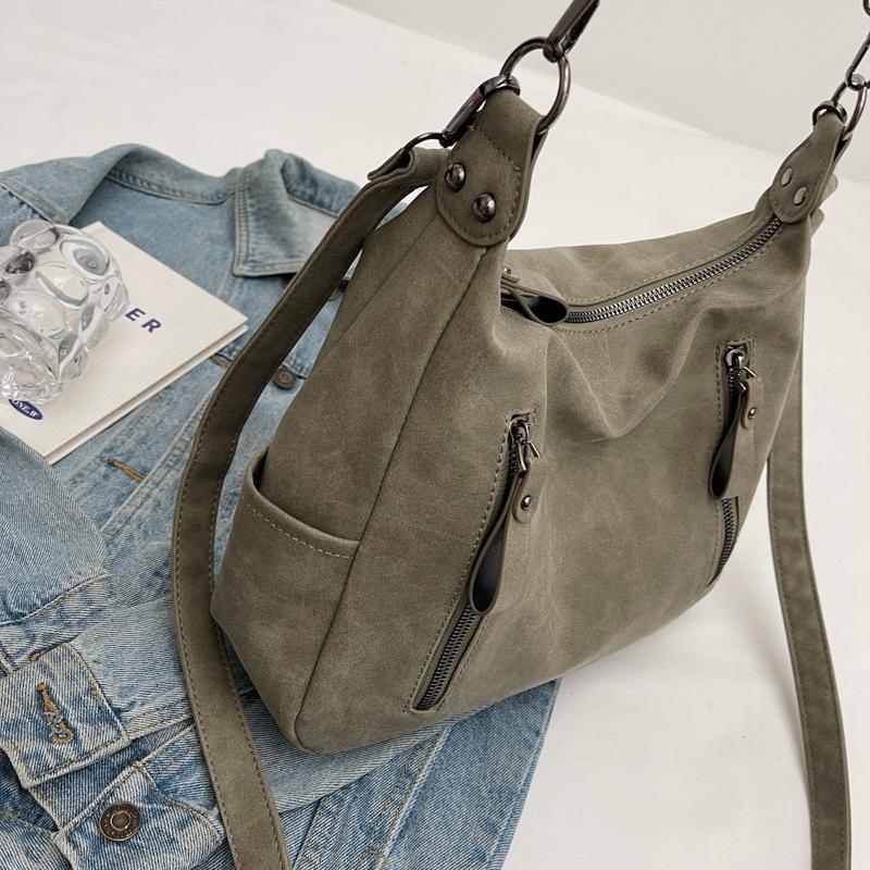 Retro Shoulder Bags For Women Frosted Leather Dual Straps Commuter Crossbody Bag  Winter New Big Capacity Bucket Totes