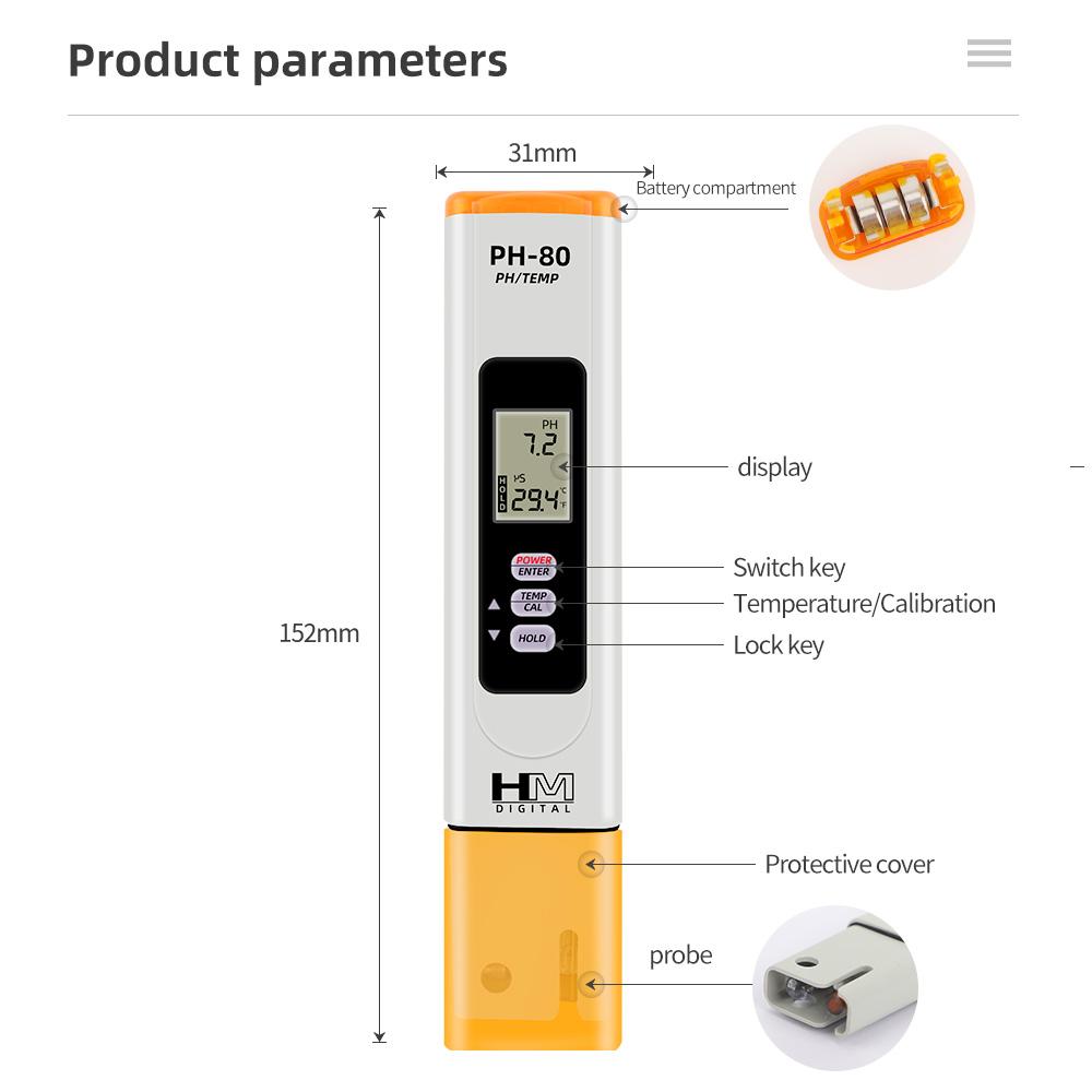 HM Digital PH-80 PH-Temperaturmessgerät Hydro Mit Automatischer Kalibrierfunktion Wasserqualitäts-PH-Tester Wasserdicht