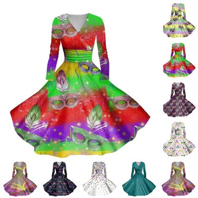 Vestido Sexy Estampado de Manga Larga con Cuello en V, Casual y de Moda para Mujer, Vestido de Carnaval Mardi Gras