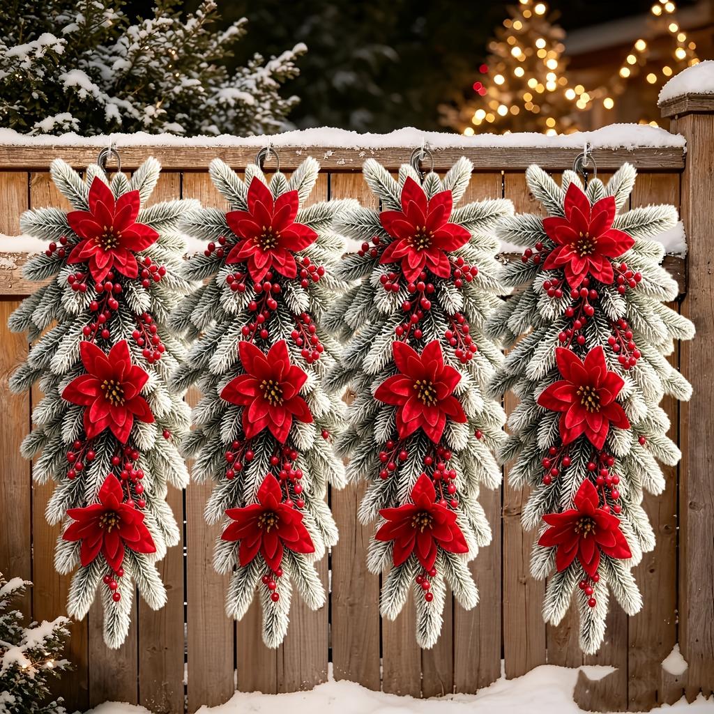 2Pcs 23.6inch Outdoor Artificial Christmas Poinsettia Vine With Artificial Pine Branches, Red Berries, And Pine Cones For Decoration. Suitable For