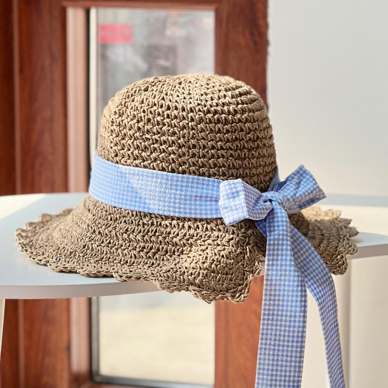 Sweet wavy brim plaid bow straw hat women's big brim straw bucket hat vacation beach visor