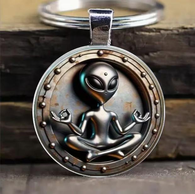 Metal Alloy Keychain Pendant with Alien Meditating Design Durable Round Key Ring Accessory for Keys Bags and Collectibles