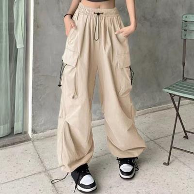 Street Style Cargo Pants Elastic Waist Adjustable Drawstring Long Trousers Solid Color Multi Pockets Wide Leg Loose Fit Casual Pants