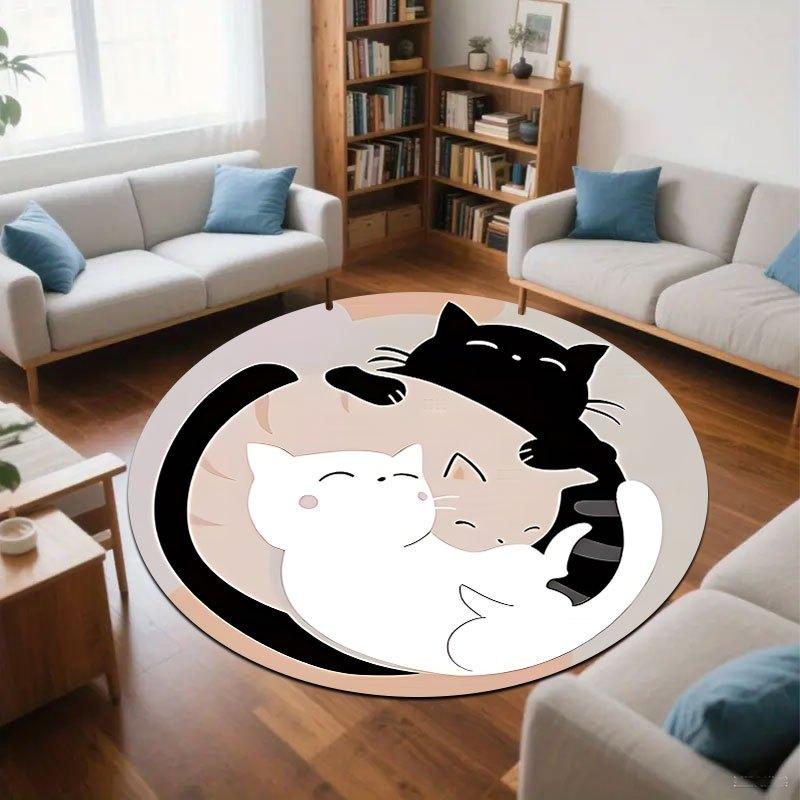 pattern of Yin-Yang cats Flannel-printed round floor mats are slip-resistant Suitable living room bedroom terrace garden carpets
