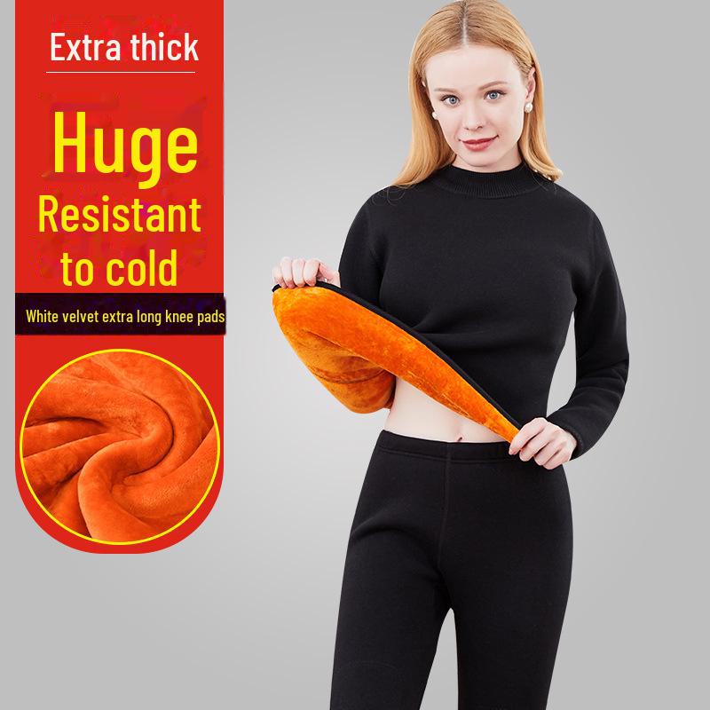 Men's and Women's Plus Velvet Thick Thermal Underwear Suit for Middle-aged and Elderly - Solid Color Winter Set