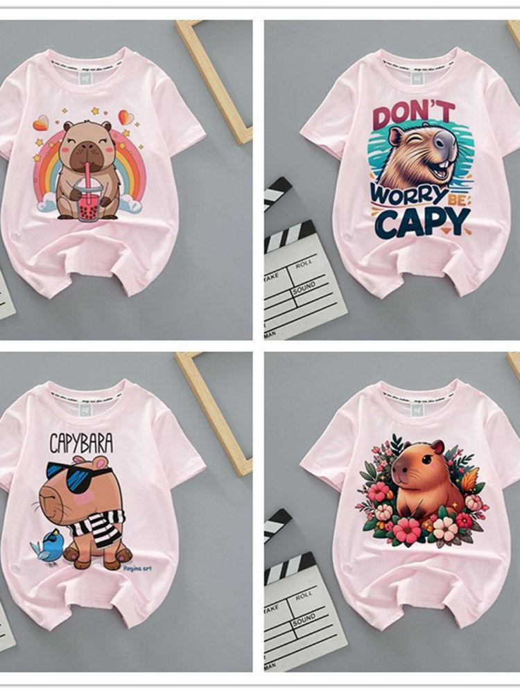 Capybara Summer Childrens Wear Shortsleeved Capybara Cute Childrens Roundneck Pink Trendy Brand Breathable Tshirt