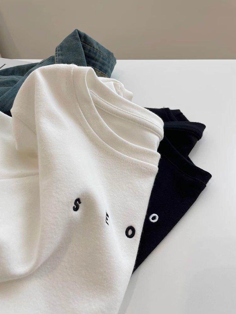 Women's Trendy Short-Sleeve Embroidered T-Shirt - Brushed, Slim Fit, Solid Color Round Neck Tee for Autumn