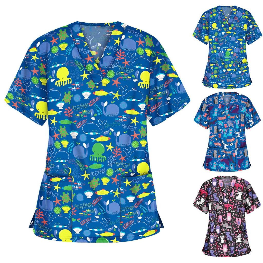Women V Neck Short Sleeve Medical Scrub Top with Pockets Lightweight Comfortable Fit for Healthcare Professionals Workwear