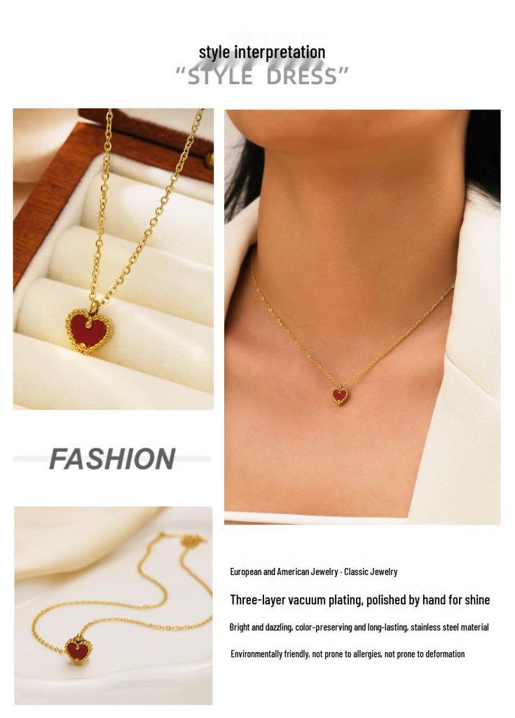 European & American INS Style Heart Pendant Clavicle Necklace with Red Mother-of-Pearl