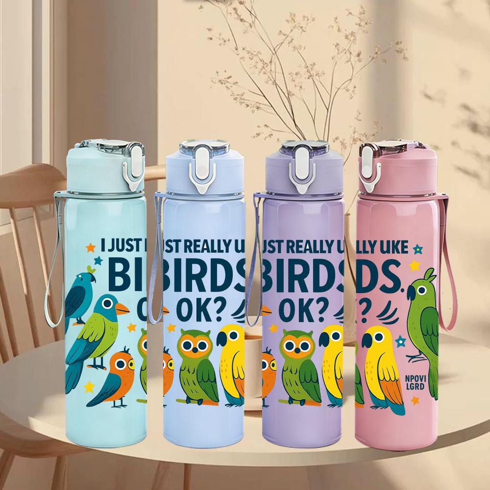 1PC Colorful Parrot Group Letter 750ml Color Plastic Sports Water Bottle Leakproof Flip Straw Lid For Sports Office Home Use
