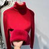 Damen Rollkragenpullover Winter Retro Rot mit Samtfutter Verdickt Innere Bekleidung Thermostrick Bottoming Shirt