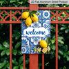2D Flat, 12.0x8.0inch Metal Welcome Sign - Blue and White Tile Lemon Design with Floral Accents, Mediterranean Style Outdoor Wall Art, Durable