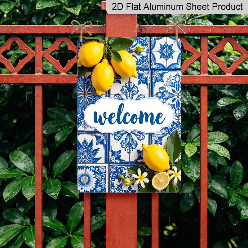 2D Flat, 12.0x8.0inch Metal Welcome Sign - Blue and White Tile Lemon Design with Floral Accents, Mediterranean Style Outdoor Wall Art, Durable