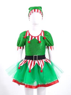 Kids Girls Christmas Elf Cosplay Costumes For Girls Dress Sequins Pompoms Adorned Mesh Tutu Dress With Hat