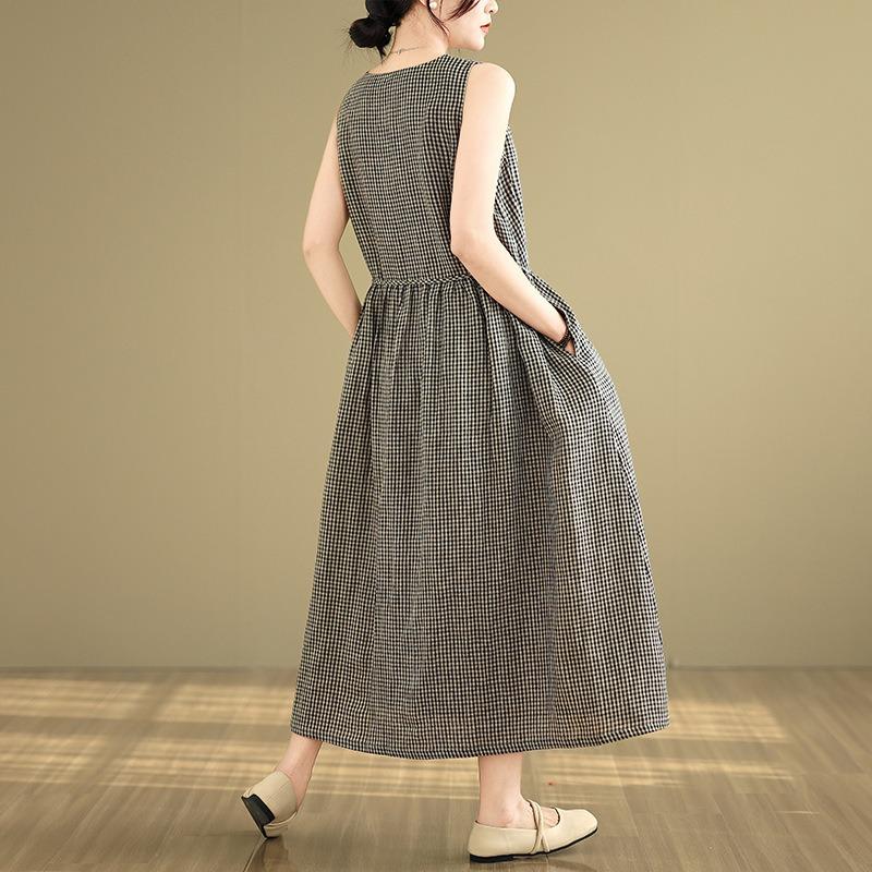 Real shot summer new literary loose cotton and linen plaid sleeveless dress women's vest skirt