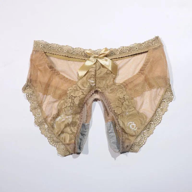Unisex Ultra-Thin Transparent Lacework Bowknot Panties Women Briefs Open Crotch Underwear Sissy Lingerie Crotchless Thong Erotic