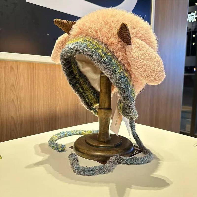 Cute Thicken Plush Knitted Hat Women's Hat Winter Warm Windproof Ear Protection Beanies Hat Women Comfortable Horn Pullover Hats