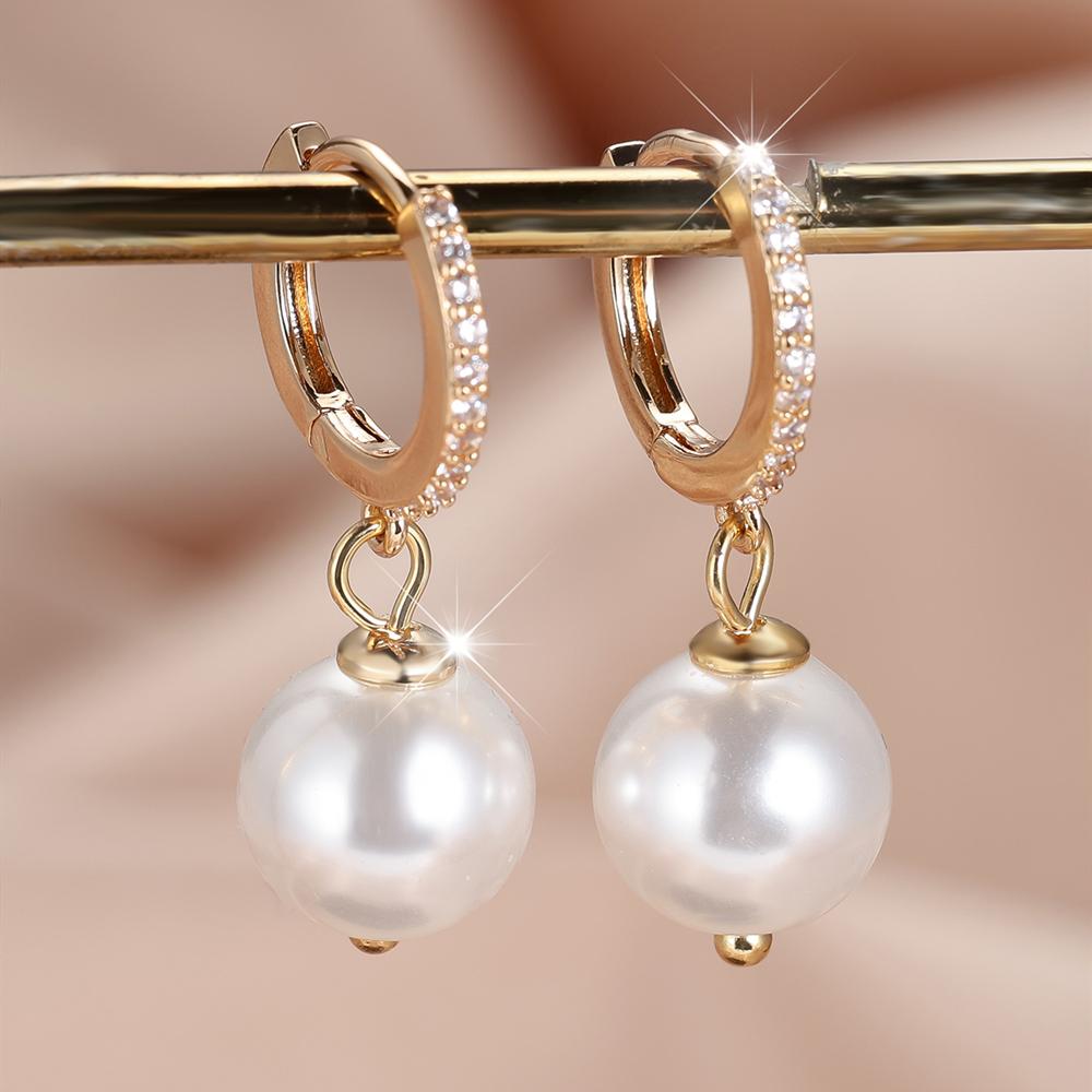 

1 пара блестящих золотистых серег-подвесок с цирконом и имитацией жемчуга для женщин, свадебные, для повседневной носки, изящные ювелирные изделия золотой