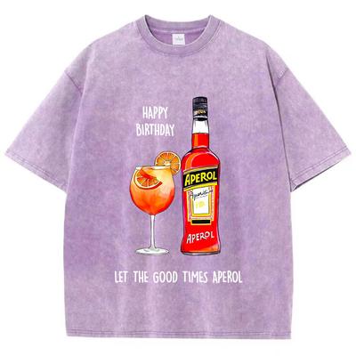 Womans Acid Wash T-Shirts Aperol Spritz Prints Tops Distressed Crewneck Oversize Cotton Tee Shirts Trend Female Clothes