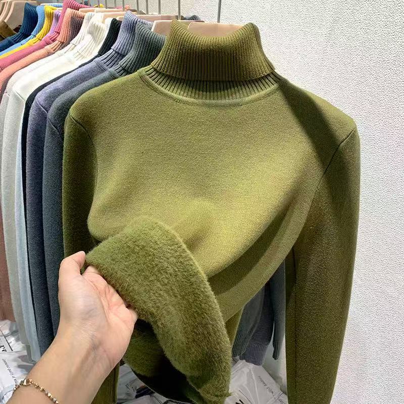 Winter High Collar Solid Color Velvet Warm Bottomed Sweater Women Simple All-match Knitting Pullover Top
