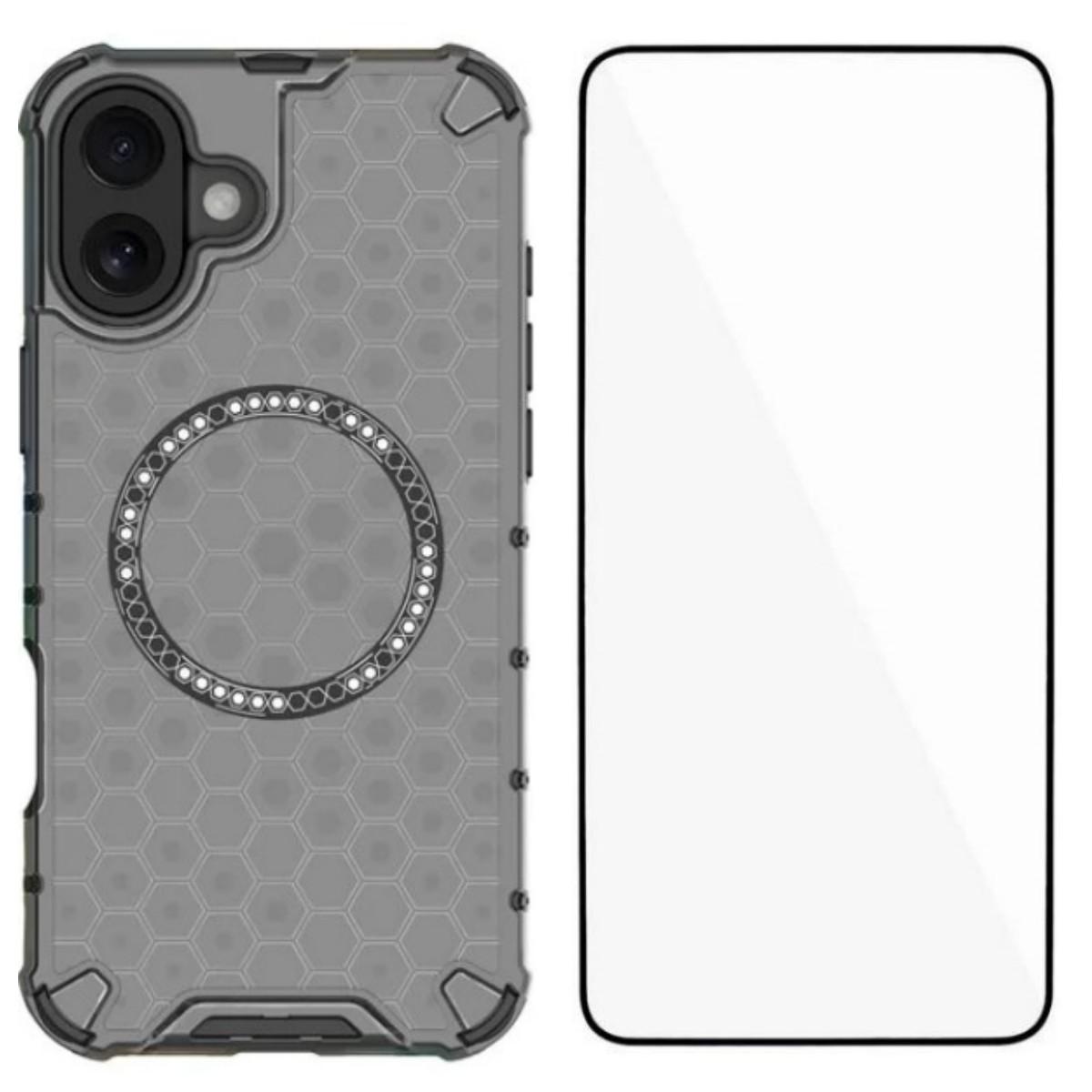 

For iPhone 16 Plus Phone Case Compatible with MagSafe WANLONFENG FC Series with Tempered Glass (Big Lens Hole) Black