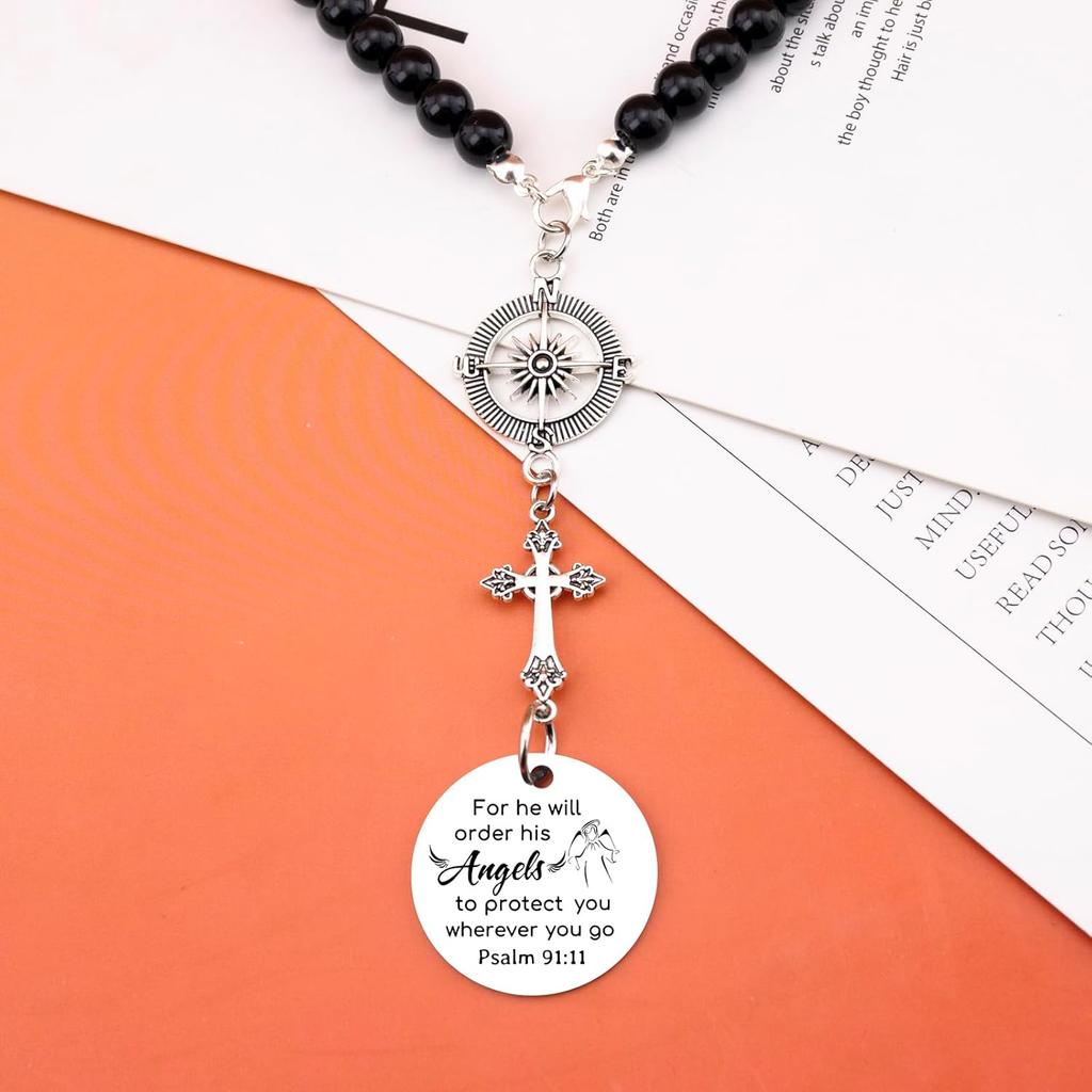 Car Cross Charms Christian Car Accessories Rear View Mirror Hanging Accessories for He Will Order His Angels to Protect You Wherever You Will Go Cars