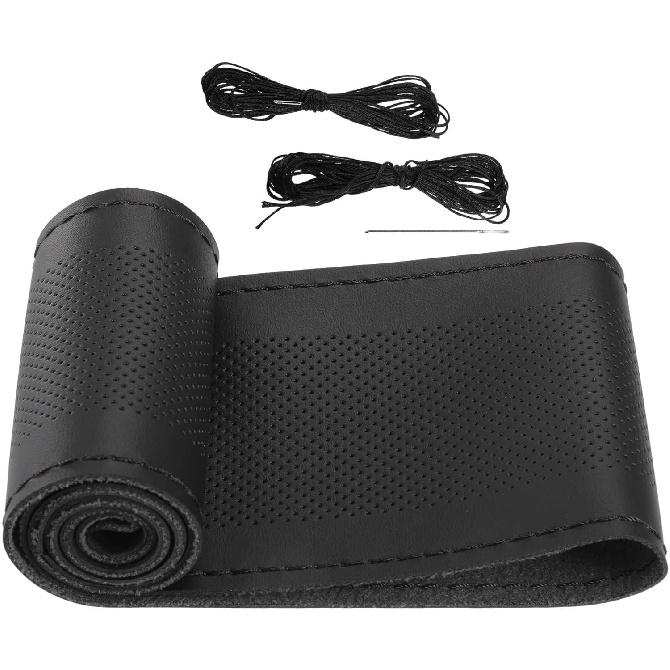 Car Hand Sewn DIY Steering Wheel Cover Breathable Comfortable 32-35cm Stitch On Wrap Cover Microfiber Leather Black Stitches