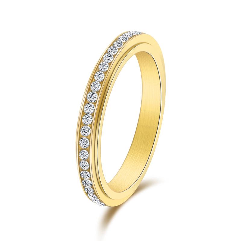 Elegant Rotating Full Diamond Stainless Steel Womens Ring Gold Fashion Index Finger Jewelry