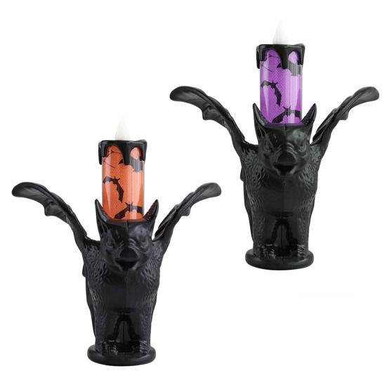 Halloween LED Bat Candle Lamp Flameless Flickering Tabletop Candle Lamp Horror Black Bat Statue Candlestick for Indoor Home Decor